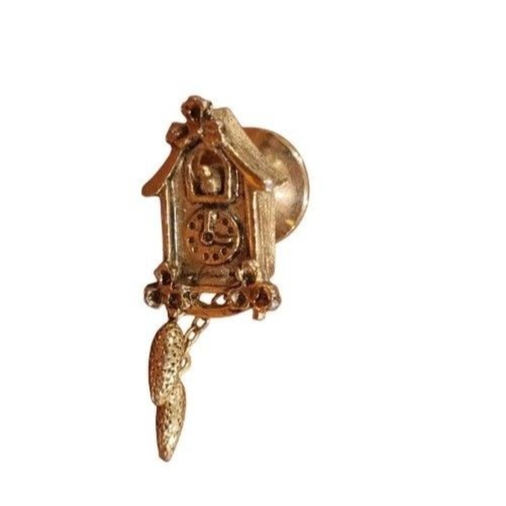 Vintage Avon Cuckoo Bird Clock Tie Tack Movement Dangle chains  Lapel Pin